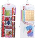 Wrapping Paper Storage Hanging Over the Door Gift Wrap Organizer Double Sided Front and Back Pockets Store Gift Wrap Gift Bags Ribbon Bows Accessories 40”x17” Fits Long 40 Inch Rolls (White)