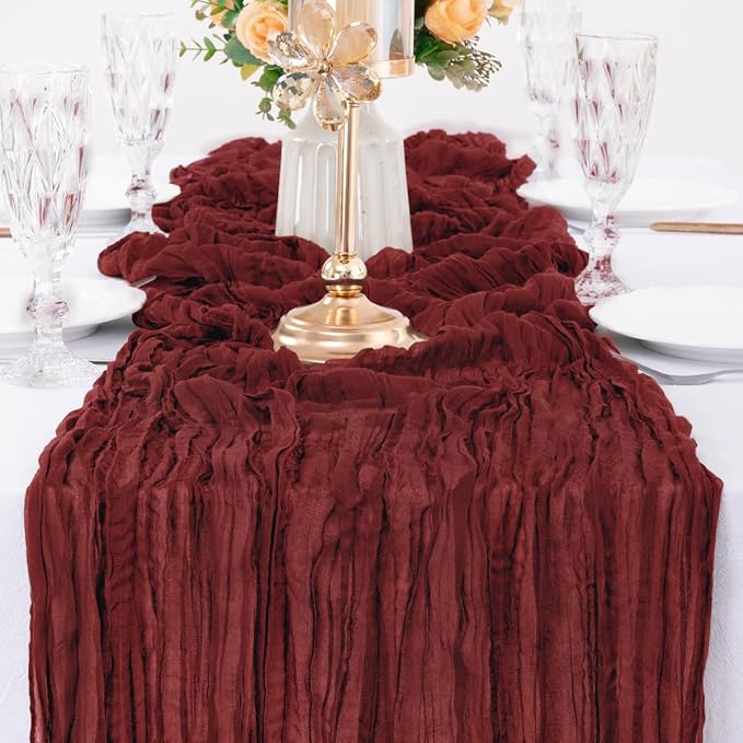 MLMW 6 Pack Christmas Table Runner Cheesecloth Burgundy Boho Cheese Cloth 160 inch Gauze Rustic Sheer Table Runner 13.3ft for Party Wedding Baby Bridal Shower Birthday