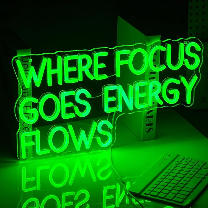 Where Focus Goes Energy Flows Neon Sign 16.5 * 9.1In Dimmale Green Light Up Sign for Wall Decor Led Words Neon Light for Bedroom Party Bar Personzalized Gift (USB Powered)