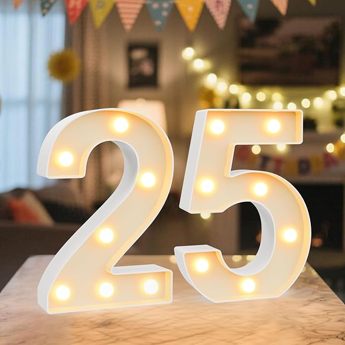 LED Marquee Light Up Numbers Sign - Lighted Birthday Numbers Sign for 25th Birthday Party Decoration, Bar Wall, Home, Table Room, Wedding and Christmas Decorations, Number 25
