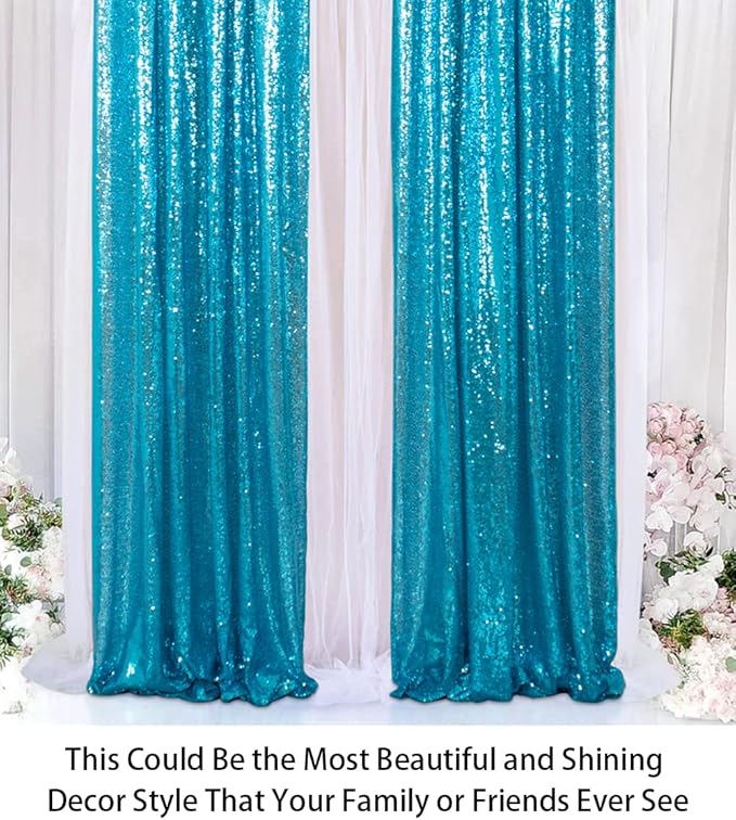 ShinyBeauty Sequin Curtains 2 Panels Turquoise 2FTx8FT Sequin Photo Backdrop Aqua Sequin Backdrop Curtain Pack of 2-1011E