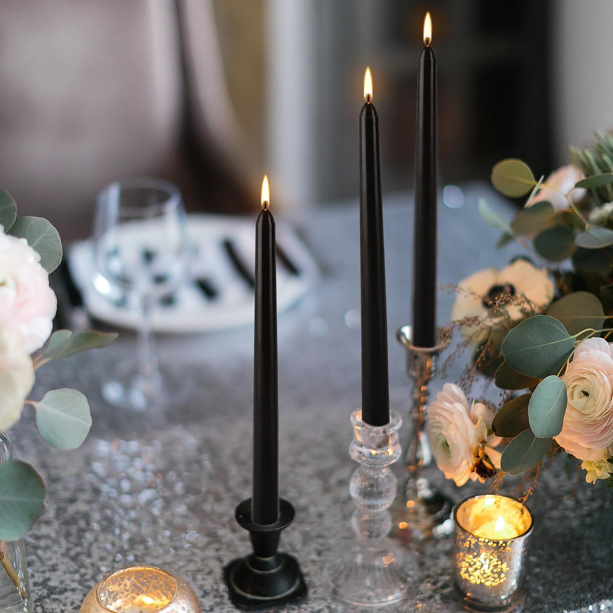 50 Pack Black Taper Candles - 10 Inch Classic Unscented Dinner Candles, Dripl...