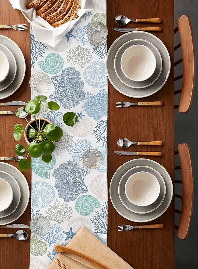 Coastal Coral Cotton Linen Table Runner for Dining Kitchen, Wedding Outdoor Party Tablerunners Decoration, Blue Nautical Starfish Ocean Shell Beach Dresser Scarf Coffee Tablecloth Runners 13x60 Inches