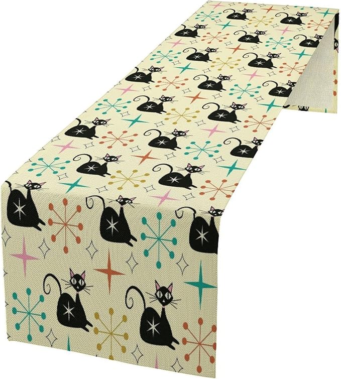 Mid Cat Table Runner, Vintage Black Cat and Atomic Stars 1950s 1960s Abstract Geometric Space Pattern Table Decoration for Home Kitchen Restaurant 13x108 Inches