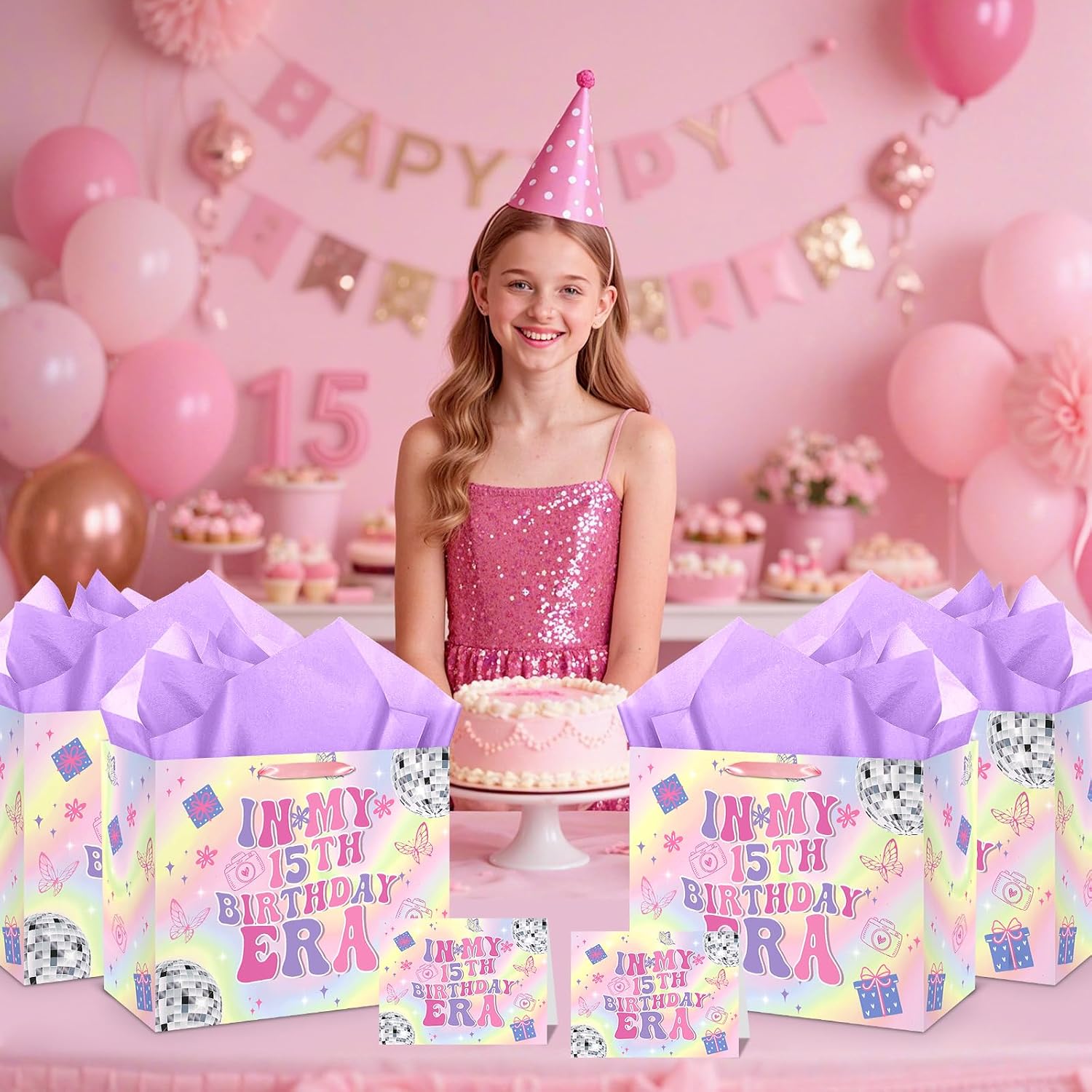Large 15th Birthday Gift Bag for Girls Iridescent Fifteen Years Old Gift Bag with Purple Pink Wrapping Paper and Card In My 15th Birthday Era Party Decor for Girls 15 Year Old Bday Party Favor Supplies