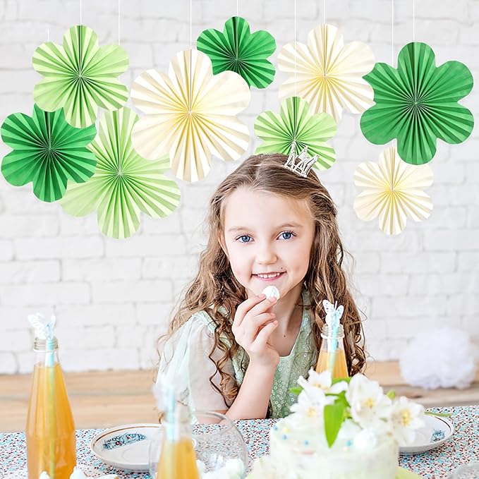 SUNBEAUTY Paper Flowers Decorations for Wall Paper Fans Classroom Decoration Paper Floral Backdrop Decor Paper Fans Decoration Hanging Paper Fans Green Flower Wall Decor,Set of 9