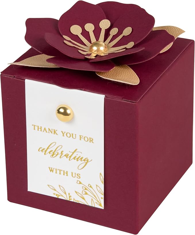 FEIYI 20 PCS Favor Boxes, 3 In 1Burgundy Candy Boxes with Floral Decor, White Thank You Tags Gold Foil Print Gift wrapping for Wedding, Baby Shower, Birthday, Decorations Party - 2.55x2.55x2.55