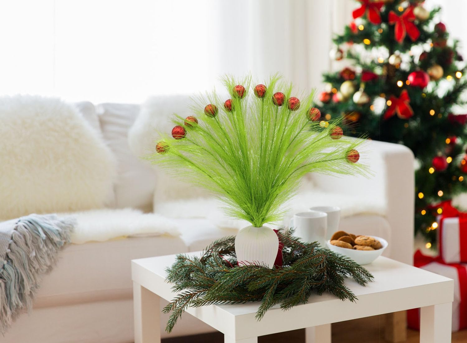 KLEWEE 12 Pcs Christmas Tree Topper 17.4'' Green Christmas Tree Picks and Sprays with Glitter Red Ball Christmas Stems Ornaments for Christmas Tree Decorations Wreath Crafts Vase Filler Decor
