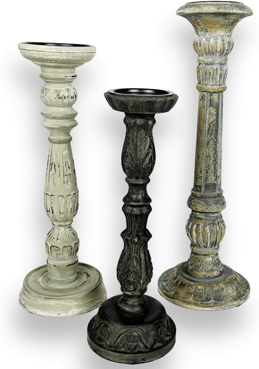 Farmhouse Candle Holders Set of 3 - Wooden Candle Holders with Distressed Finish for a Vintage Antique Decor Look - Each Rustic Decorative Pillar Candle Holder is Hand-Carved