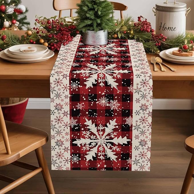 Buffalo Plaid Christmas Cotton Linen Table Runner for Dining Kitchen, Snowflake Red Black Check Wedding Outdoor Party Tablerunner Decoration, Retro Dresser Scarf Coffee Tablecloth Runners 13x48 Inches