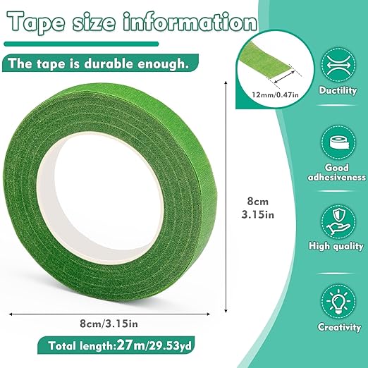 Flower Tape, Floral Tape for Bouquets, 1/2inch Green Flower Tape for Bouquet Stem Wrap Floral Arranging Craft Projects Corsages, Wedding Bouque