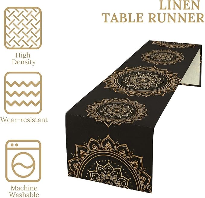 Golden Mandala Table Runner, Traditional Indian Gold Black Flower Vintage Luxury Bohemian Mandala Table Runner for Home Kitchen Dinning Table Indoor Outdoor Holiday, 13x108inch