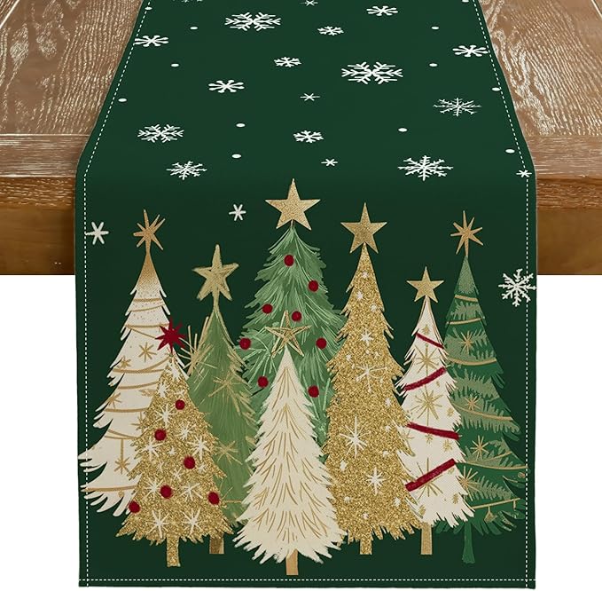 GEEORY Christmas Table Runner 13x48 Inch, Xmas Trees Snowflakes Holiday Decorative Farmhouse Table Decoration for Kitchen Dinning, Indoor Outdoor Dinner Party Decor (Green) GT152-48