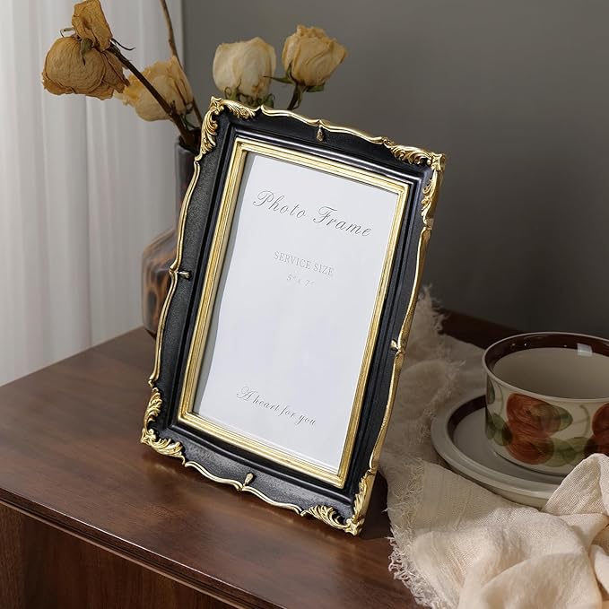 Cuspin Vintage Picture Frame 5x7 Black and Gold Frame, Ornate Textured Hand-Crafted Resin Photo Frames with Glass Front, Decorative Picture Frame for Wall & Tabletop, Antique Frame Home Decor
