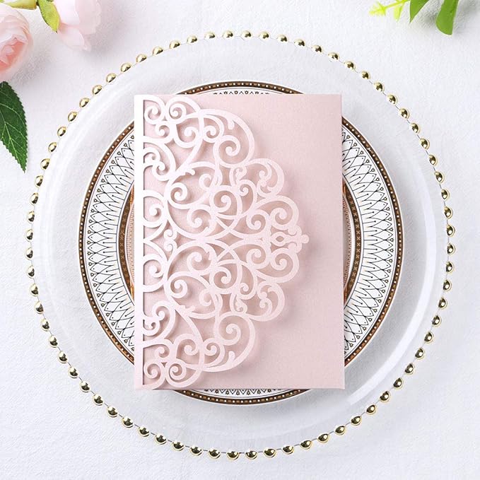 PONATIA 5.12 x 7.2 Inches 20PCS Tri-Fold Laser Cut Wedding Invitation Pocket with Envelopes for Wedding Bridal Shower Engagement Birthday Invite (Blush Pink, 20pcs No Inner Sheet)