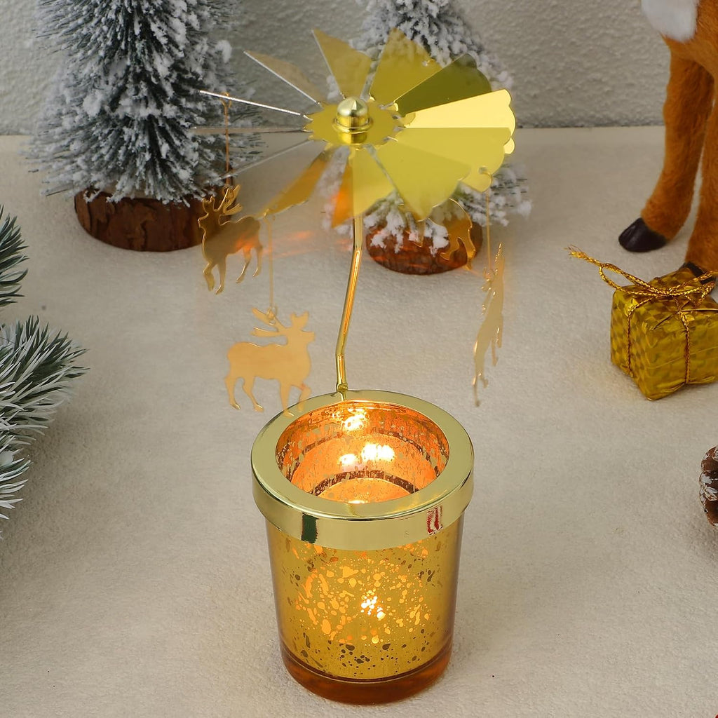 Holibanna Rotating Candlestick Christmas Carousel Tea Light Gold Candle Holder (2PCS Snowflake)