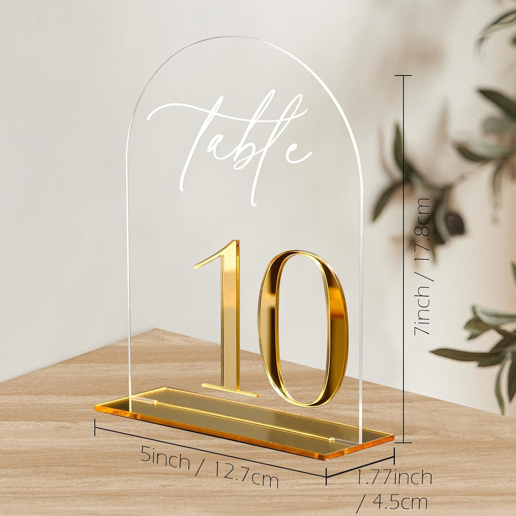 HOODO Clear Arch Wedding table numbers 1-15 with Stands, 5"x7" Arched Acrylic Signs with Gold Mirror Numbers, Clear and Gold Acrylic Table Numbers for Wedding Reception, Party, Anniversary, Event