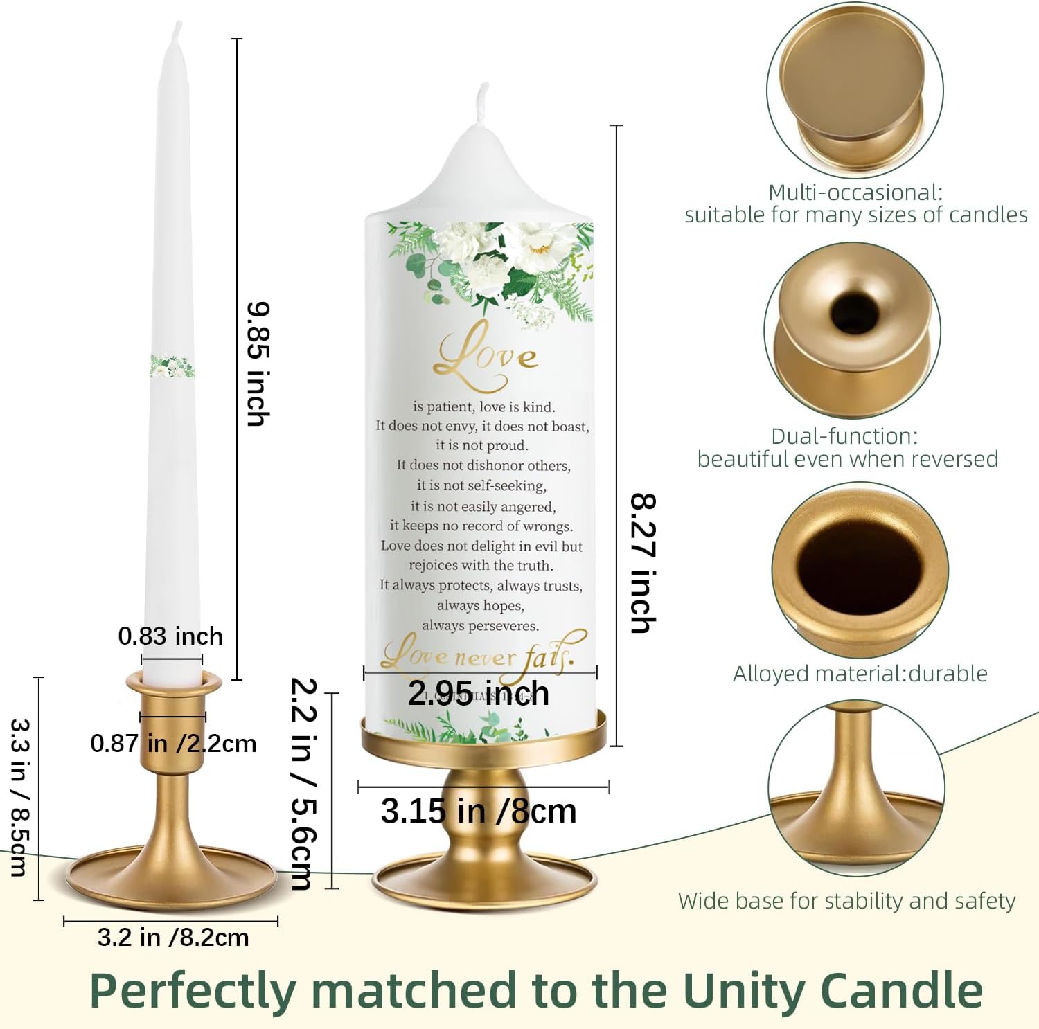3 Unity Floral Candles for Wedding Ceremony Set with Gold Candle Holders, Bible Wedding Unity Set – Elegant Gift for Bride, Groom, Religious or Catholic Weddings