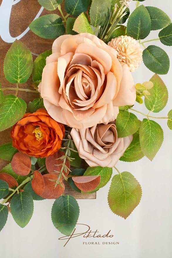 Wedding decor (pack of 2) Welcome Sign Flower Backdrop Garland For Ceremony Reception Wall Easel Home Decoration Entryway Faux Outdoor Board Head Table Decor (Orange & Terracotta)
