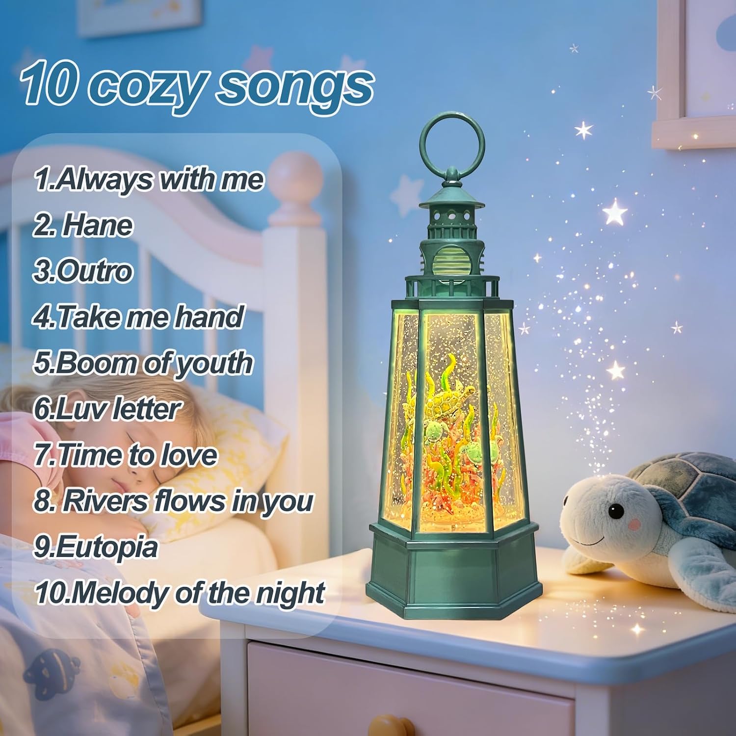 Ocean Themed Snow Globe Lantern with Music - USB or Battery Powered Light Up Water Lantern with Sea Turtle Swirling Glitter Water Globe for Summer Costal Ocean Decor Gift for Ocean Lover (Sea Turtle)