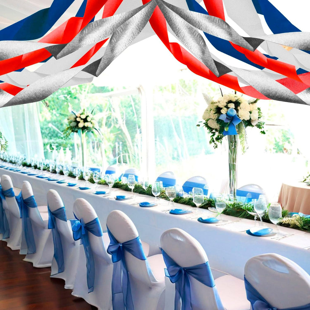 PheiLa Crepe Paper Streamers 4 Rolls 328ft, Red White Blue Silver Paper Party Streamers Patriotic Decorations for 4th of July Independence Day Memorial Day Birthday Wedding Party Decoration
