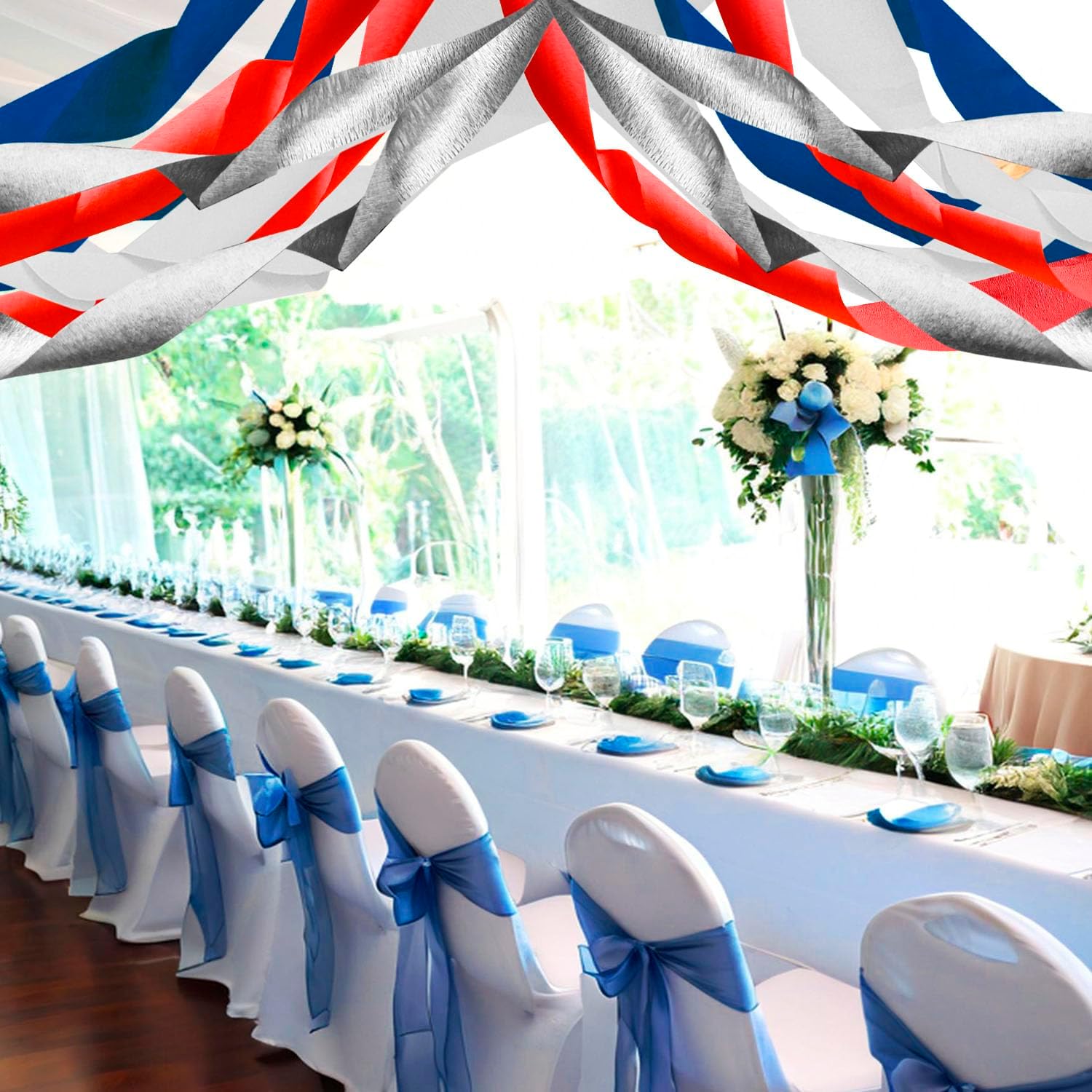 PheiLa Crepe Paper Streamers 4 Rolls 328ft, Red White Blue Silver Paper Party Streamers Patriotic Decorations for 4th of July Independence Day Memorial Day Birthday Wedding Party Decoration