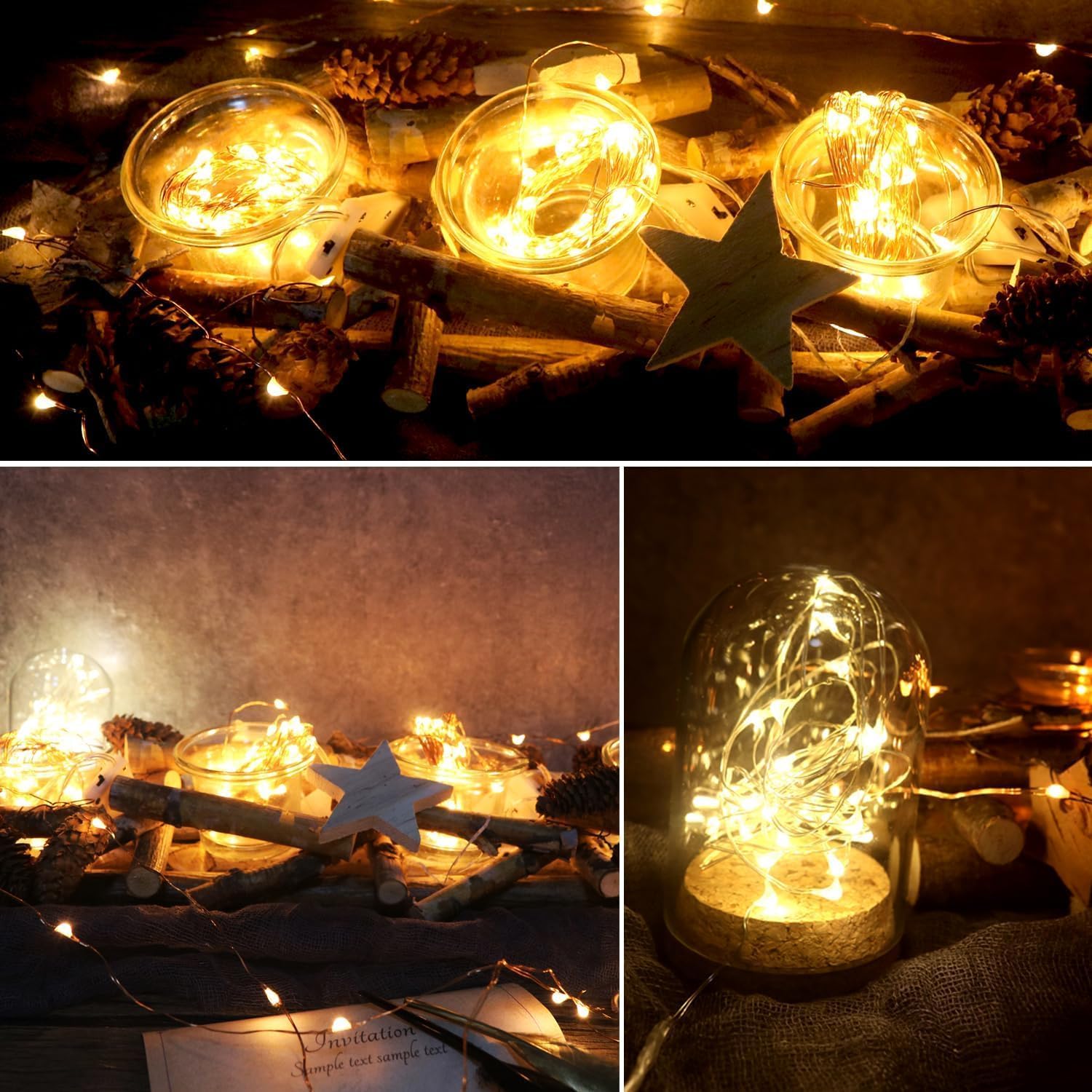 6 Pack Fairy Lights Battery Operated with Timer 2PCS Remote - 6.5ft 20LED Warm White Twinkle Lights Waterproof Silver Wire Fireflies Lights DIY Mason Jar Wedding Party Christmas Centerpiece Table Deco
