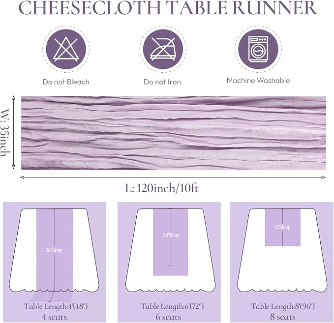 Lilac Purple Cheesecloth Table Runner Boho 10ft Gauze Cheese Cloth Gorgeous Table Runner for Baby Shower Wedding Bridal Shower Fall Thanksgiving Table Decor