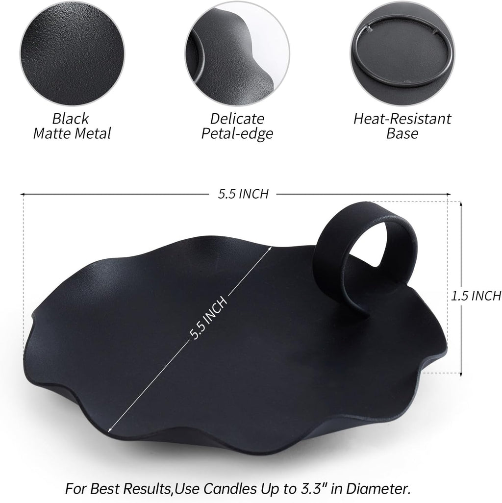 Candle Holders for Pillar Candles – 5.5" Overall Width Black Metal Holder with Plate, Fits Pillar Candles up to 3.3" in Diameter & Flameless, Modern Minimalist Candle Dish (Candles Not Included)