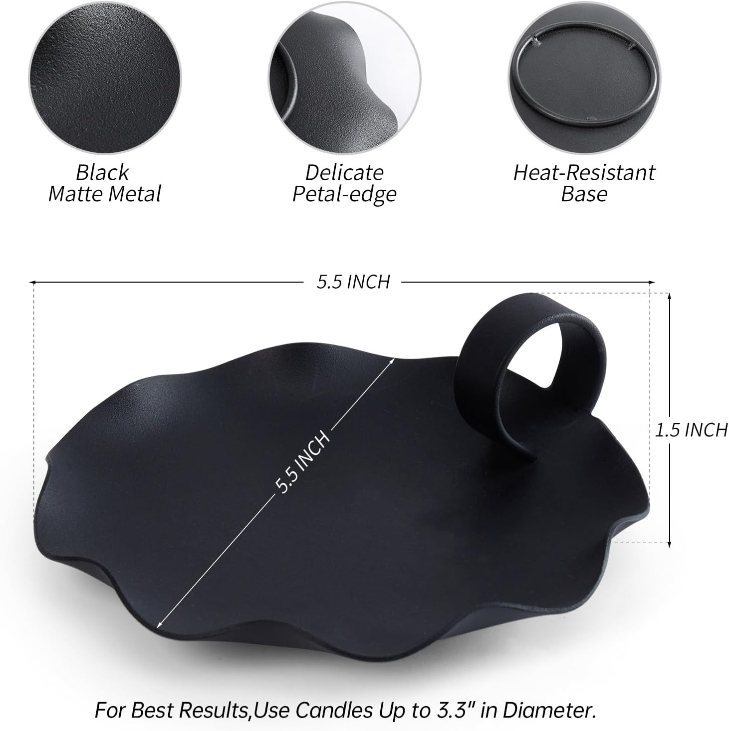 Candle Holders for Pillar Candles – 5.5" Overall Width Black Metal Holder with Plate, Fits Pillar Candles up to 3.3" in Diameter & Flameless, Modern Minimalist Candle Dish (Candles Not Included)
