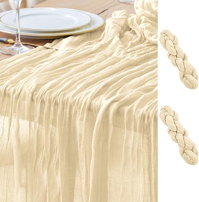 Asee'm 2pcs Cheesecloth Table Runner 120 Inches Long Beige Boho Gauze Cheese Cloth Runner 10FT Rustic Sheer Table Runners for Christmas Wedding Party Baby Shower Spring Easter Decoration