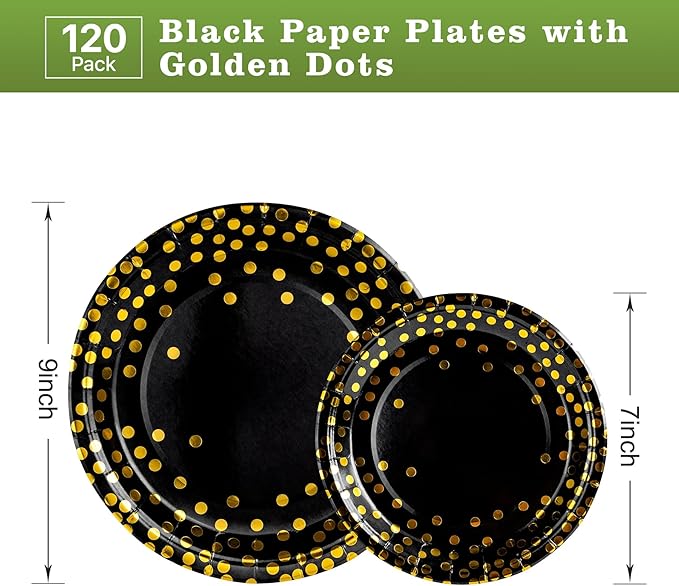 Lullaby 120PCS Black Paper Plates, Black and Gold Paper Plate, 60pcs Dinner Plates 9"，60pcs Dessert Plates 7", Disposable Graduation Plates with Golden Dot for Birthday party, Halloween