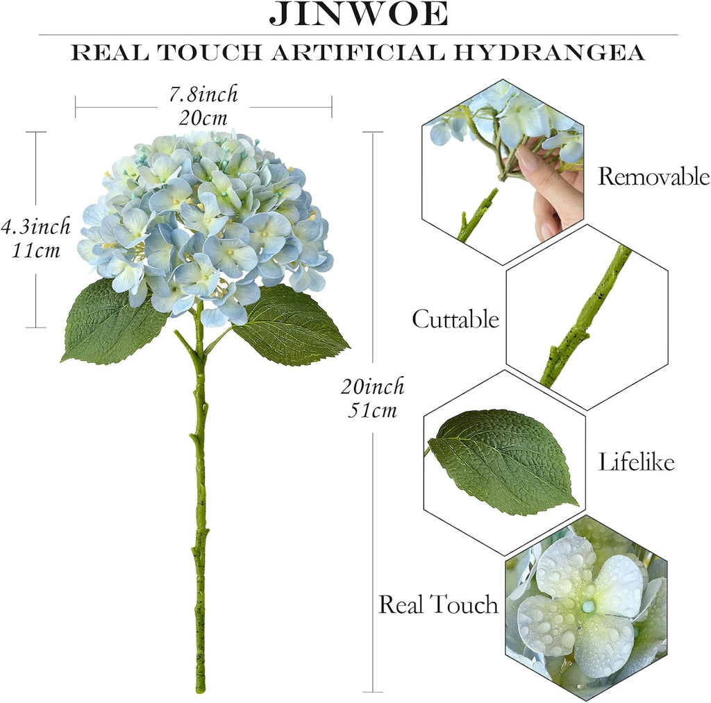 jinwoe light blue hydrangea artificial flowers,4pcs 20" real showing dimensions