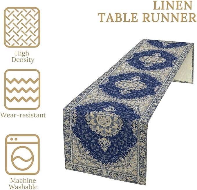 Boho Bohemia Style Dark Blue Table Runner, Country Rustic Farmhouse Magical Abstract Print Pattern for Home Kitchen Table Decor Dining Coffee Room Garden Party Decor 13x60in