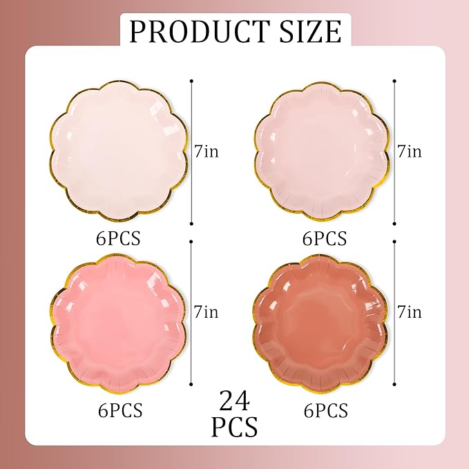 Dusty Pink Gradient Color Dessert Paper Plates 7 inch Gold Foil Scalloped Edge Disposable Cake Plates for Tea Party Birthday Bridal Baby Shower Wedding Party Supplies (24, Dusty Pink)