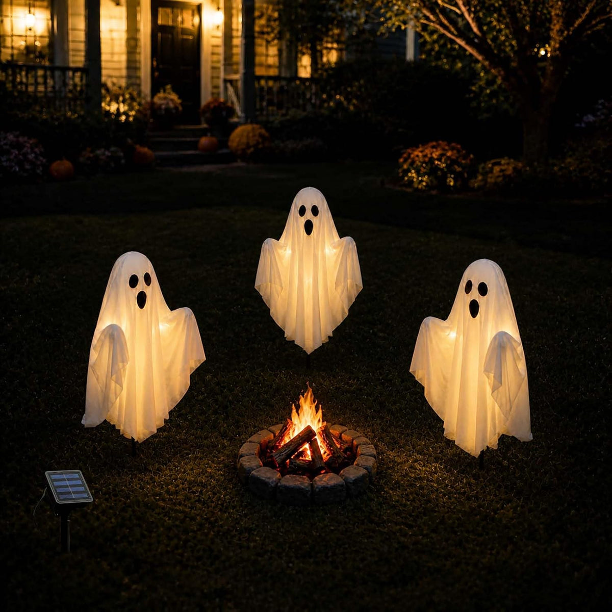 halloween ghost decorations outdoor solar powered yard pathway, close-up detail