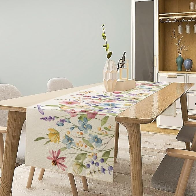 Watercolor Floral Table Runner, Colorful Spring Summer Nature Flower Dragonfly Pattern Print Table Runner for Kitchen Dinning Table Runner Decor Home Wedding Party Holiday, 13x36 Inch
