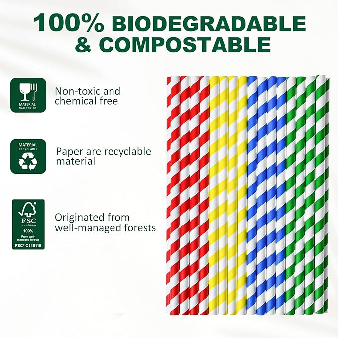 [10MM Wide] 10.25 Inch Extra Long Fat Sturdy Paper Drinking Straws for Smoothies, Milkshakes, Thick Frozen Drinks - 100 Counts, Colorful Stripes - Biodegradable