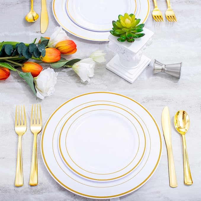 NOCCUR 400PCS Gold Plastic Silverware - Gold Plastic Cutlery Include 200 Forks, 100 Spoons, 100 Knives, Disposable Silverware Perfect for Party&Daily Using