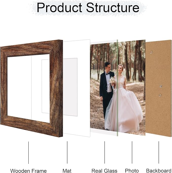 6x6 Picture Frame Set of 4 with Real Glass, Rustic Frames Display 4x4 Picture with Mat or 6 x 6 Without Mat, Wood Square Photo Frame for Wall Mount and Tabletop Display