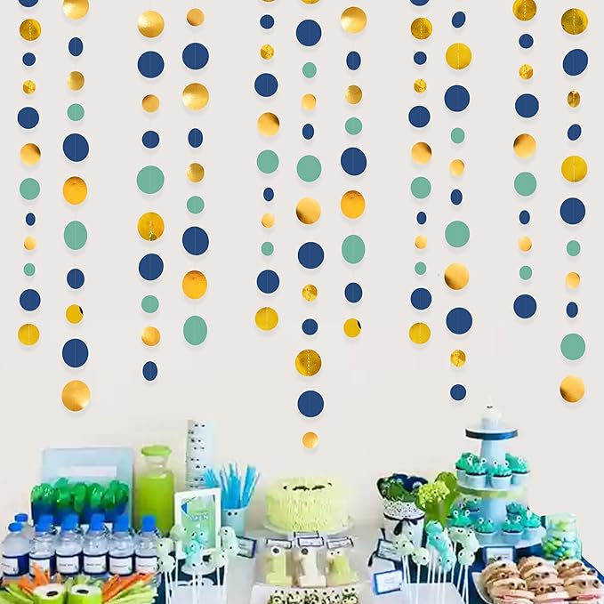 Blue Gold Green Decorations Circle Dots Garland Metallic Gold Navy Blue with Sage Green Hanging Polka Dot Streamer for Birthday Baby Shower Bridal Shower Wedding Bachelorette Engagement Party Supplies
