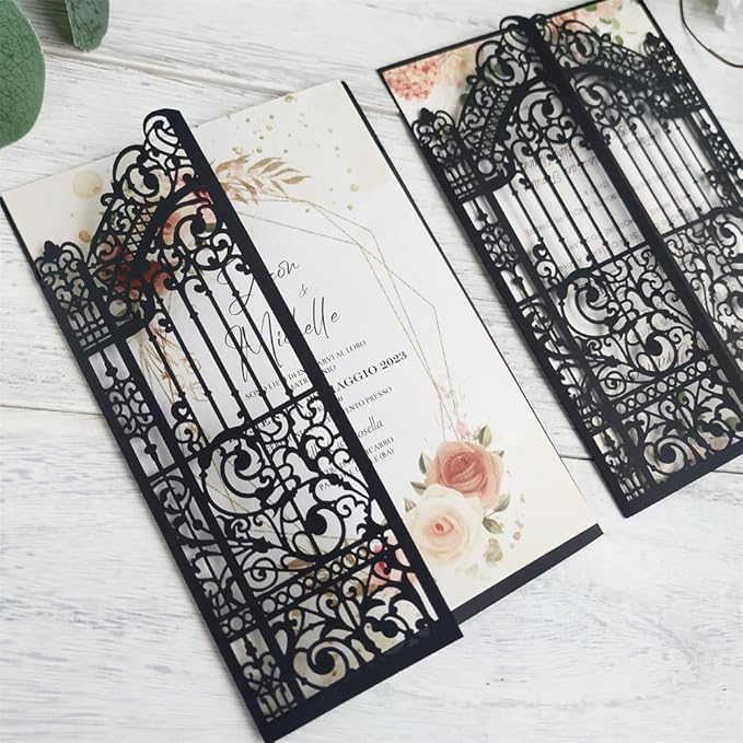Black Gate Invitation Castle Laser Cut Card For Wedding Engagement Mermaid Birthday Party 25 Sets (black, 4.9"x7.1")