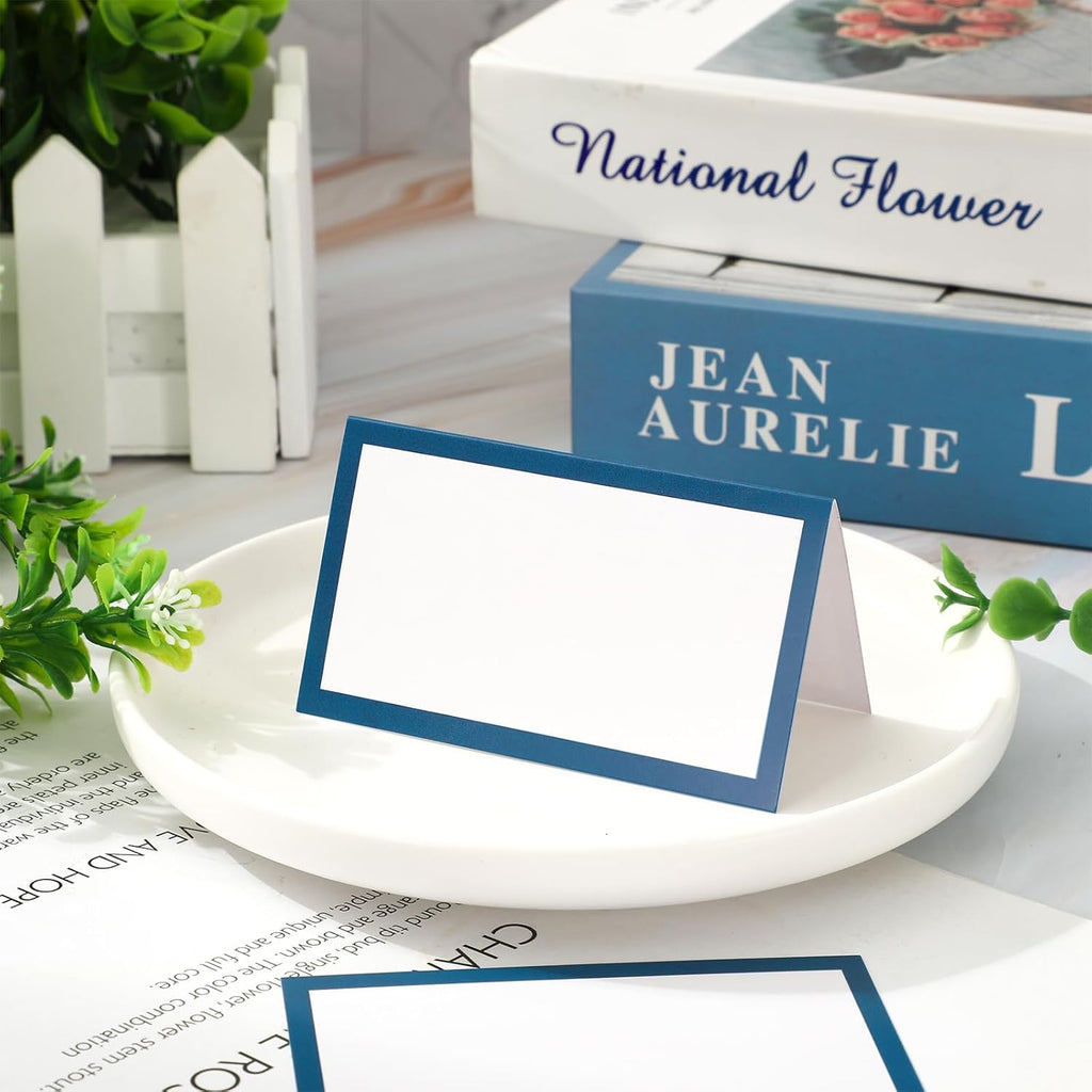 Whaline 100Pcs Navy Blue Place Cards 3.5 x 2 Inch White Blank Tented Cards Wedding Seating Card for Party Table Setting Supplies