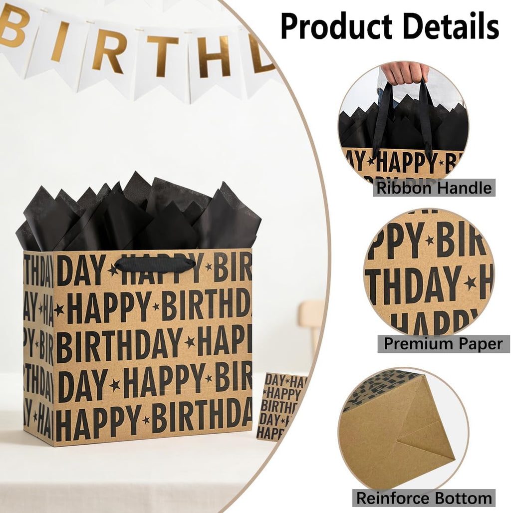Yusenguan 13" Kraft Birthday Gift Bag with Tissue Paper and Greeting Card, Black Happy Birthday Lettering Design Gift Paper Bag for Men, Women, Kids (Black)