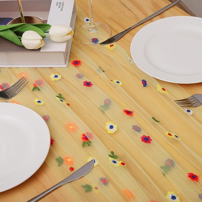 BINBE 6pcs Daisy Fall Table Runner Embroidery Gauze 10FT Florals Seasonal Tulle Holiday Birthday Kitchen Dining Table Decor for Home Party Yellow