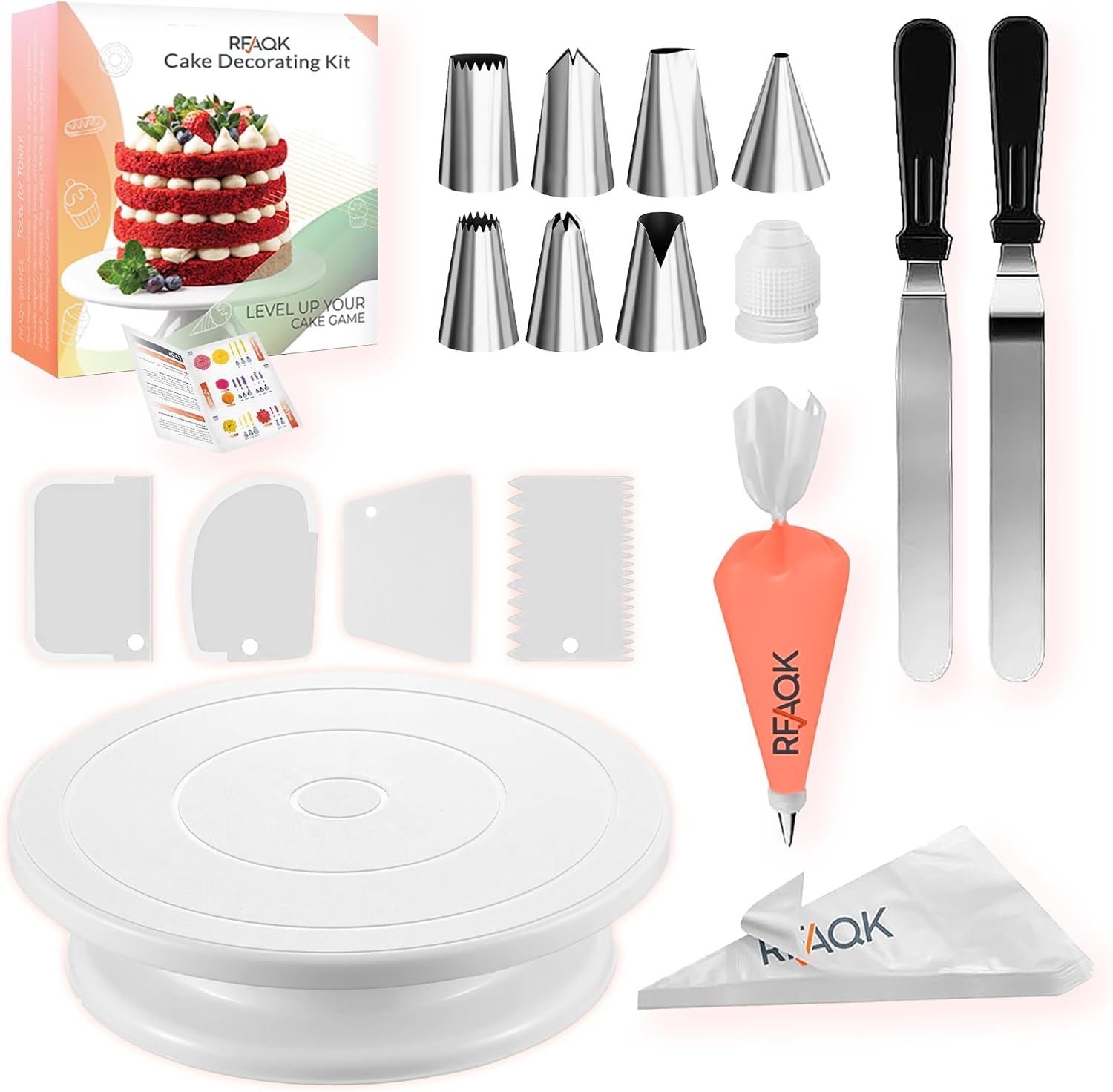 RFAQK 35PCs Cake Decorating Kit with Cake Turntable, Piping Bags and Tips | Turntable, 2 Spatula, 20 Icing Bags, 4 Scraper, 7 Piping Tips, Coupler