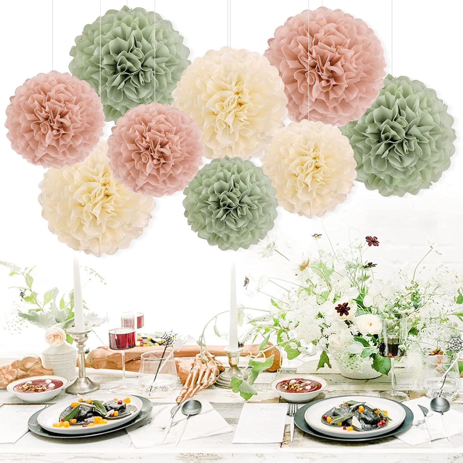 EASY JOY Sage Green Tissue Pom Poms Paper Flowers Decorations Natural Green Boho Hanging Décor for Safari Jungle Party Bridal Shower Baby Shower Home Decor Nursery Birthday Backdrop 15PCS