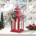 Christmas Decorations for Home, Decorative Christmas Lantern Indoor Outdoor Decor, Metal Hanging Candle Holder with Xmas Teardrop Wreath and LED Candle for Table Centerpieces, Patio (Red)