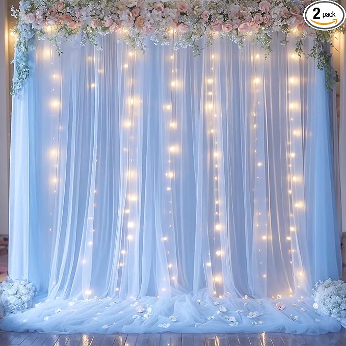 Baby Blue Backdrop Curtains with Lights String for Baby Shower Parties 2 Panels 5×10ft Sheer Tulle Backdrop Curtain Panels for Birthday Party Bridal Shower Photo Shoot Background Wall Decorations