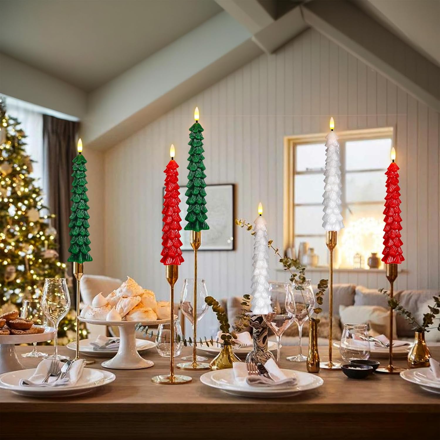 Christmas Tree Candles Battery Operated, Red Waxy Christmas Tree Flameless Taper Candles with Remote Timer, Set of 4 LED Flameless Candlesticks for Xmas Holiday Home Winter Decor(0.78”x9.8”)